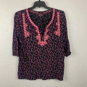 Lucky Brand Embroidered Boho Top Womens Size 1X in Black Pink 3/4 Sleeve Blouse